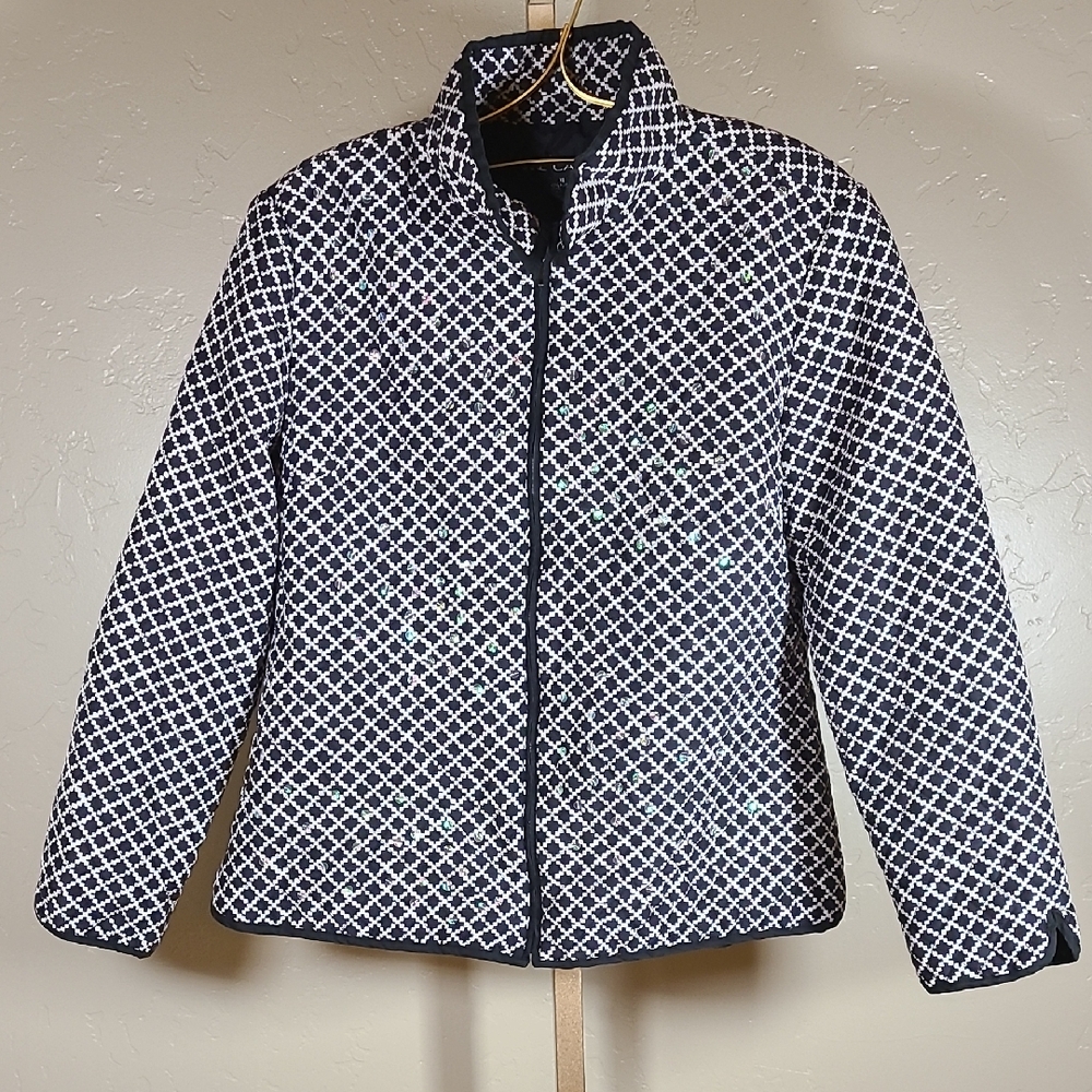 Anne Carson Black & White Silk Quilted Jacket with Sequins - Size XL